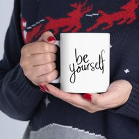 Inspirational Quote Mug - ""Be Yourself"" Calligraphy Coffee Cup, Unique Gift Idea, Black & White, Office Desk Accessory | Etsy (US)