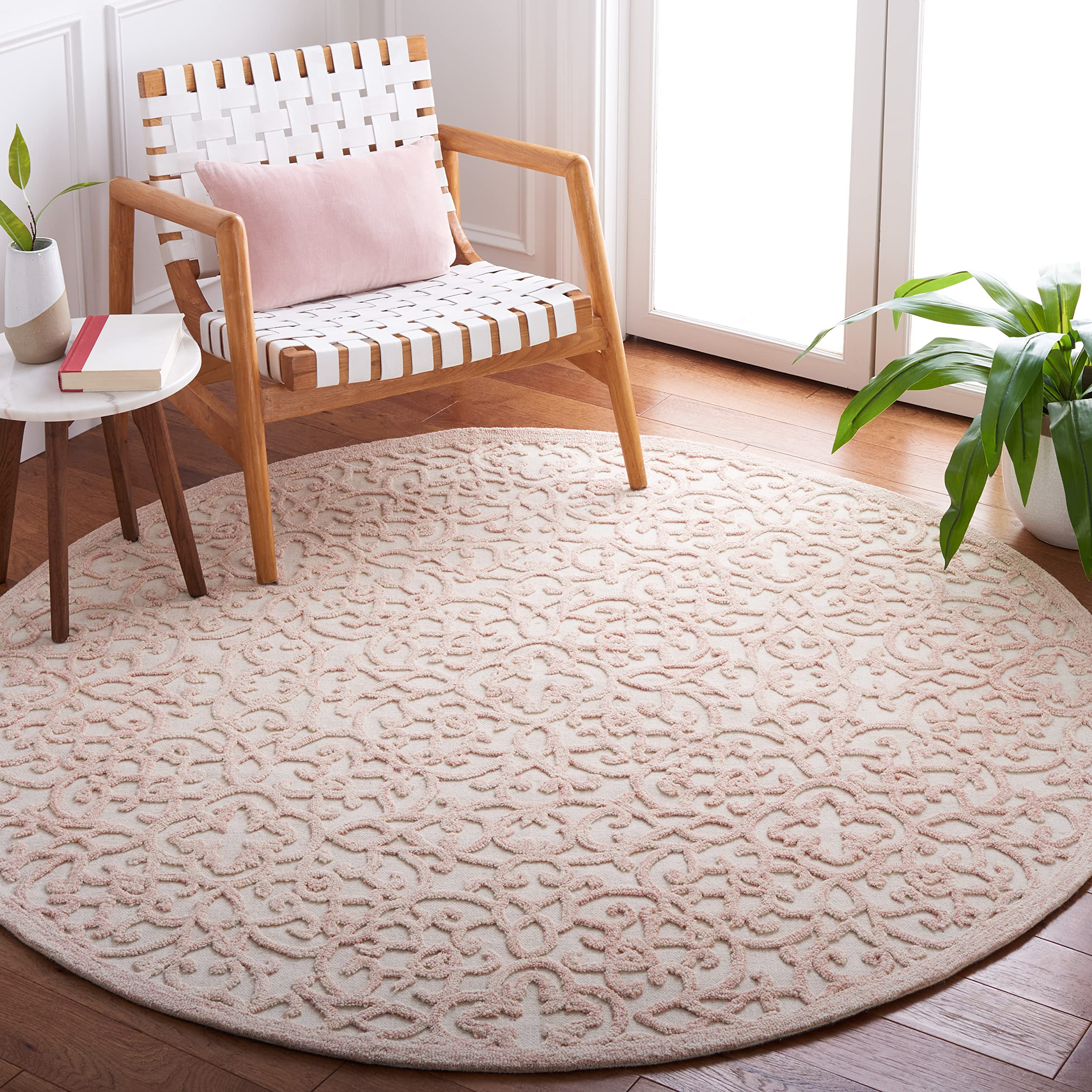 SAFAVIEH Trace Collection Area Rug - 6' Round, Ivory & Pink, Handmade Scroll Wool, Ideal for High... | Amazon (US)
