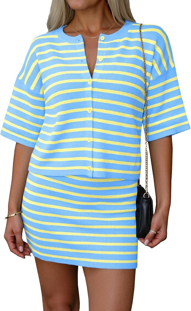 Saodimallsu Womens Two Piece Skirt Set Summer Striped Knit Short Sleeve Button Cardigans And Mini... | Amazon (US)