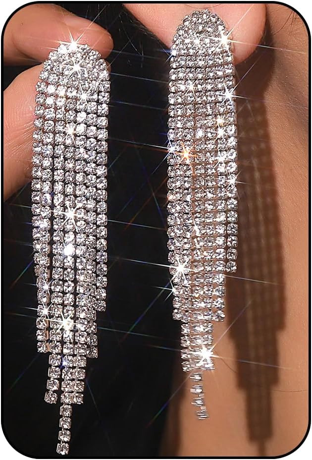 Silver Prom Earrings for Women Rhinestone Tassel Earring Sparkly Long Crystal Cz Drop Earrings Wedding Party Prom Earring Bow Rhinestone earring Party Jewelry Gifts for Women | Amazon (US)
