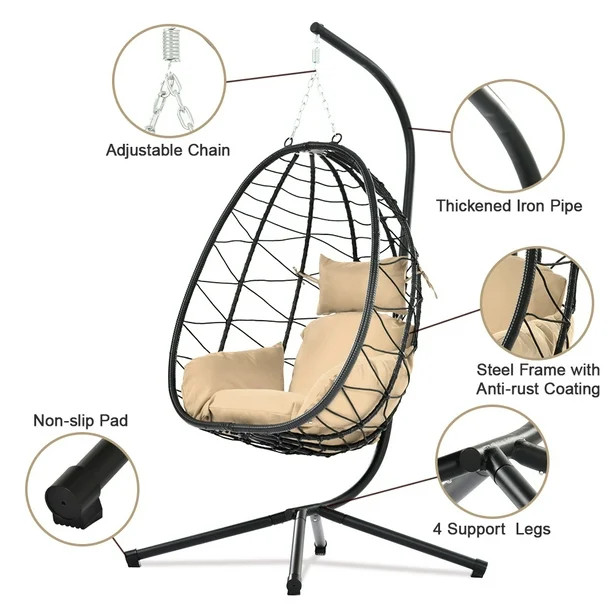 Outdoor Egg Chair, Patio Wicker Swing Egg Chair with Stand, Steel Frame, Soft Cushion and Pillow ... | Walmart (US)