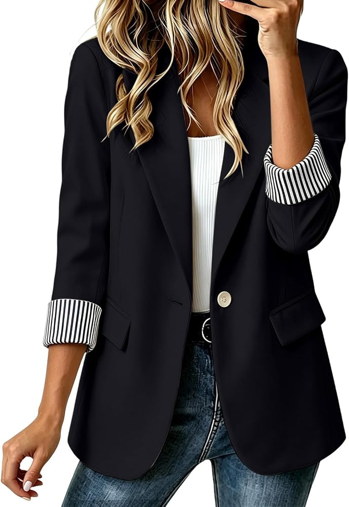 Oplxuo Women 3/4 Sleeve Blazer Jacket Lapel Single Button Striped Cuff Lightweight Office Busines... | Amazon (US)