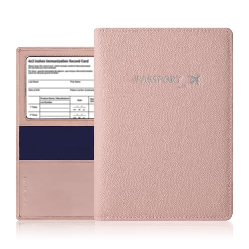 Genuine Leather Passport Cover, Ultra Slim Passport Case with Vaccine Card Slot, RFID Blocking, Pink | Amazon (US)