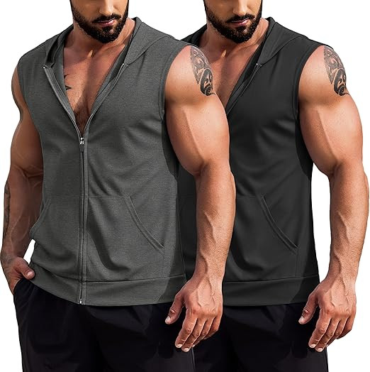 COOFANDY Men's Workout Hooded Tank Tops 2 Pack Zip Up Sleeveless Gym Shirts Muscle Cut Off T Shir... | Amazon (US)
