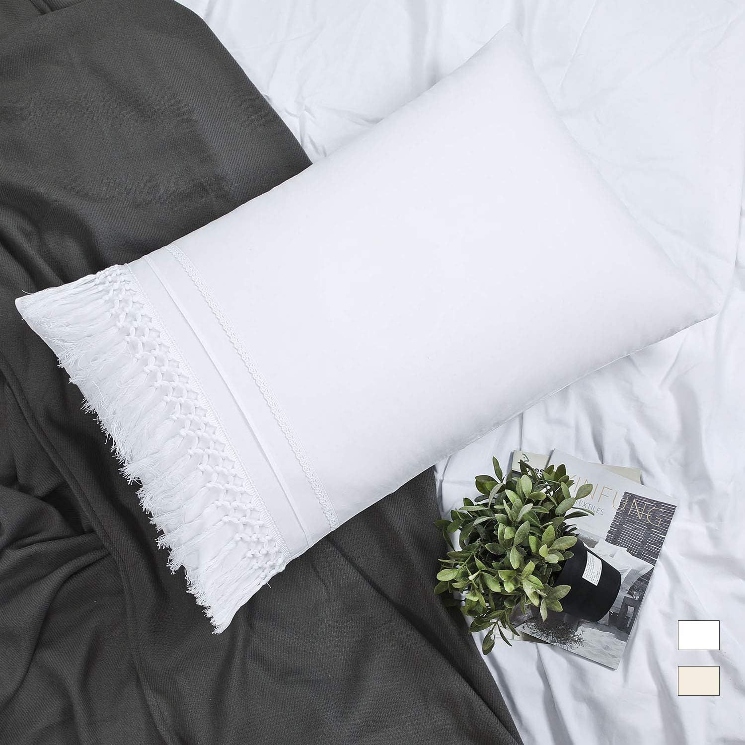 YINFUNG Tassel Pillow Shams Boho King Macrame White Pillowcase Fringe Set of 2 Cute Elegant Croch... | Amazon (US)