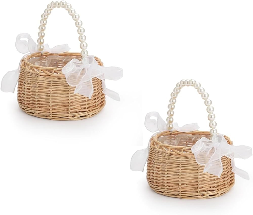 Set of 2 Wicker Rattan Flower Girl Basket Picnic Basket Wicker Rattan Gift Basket Fruit Storage B... | Amazon (US)
