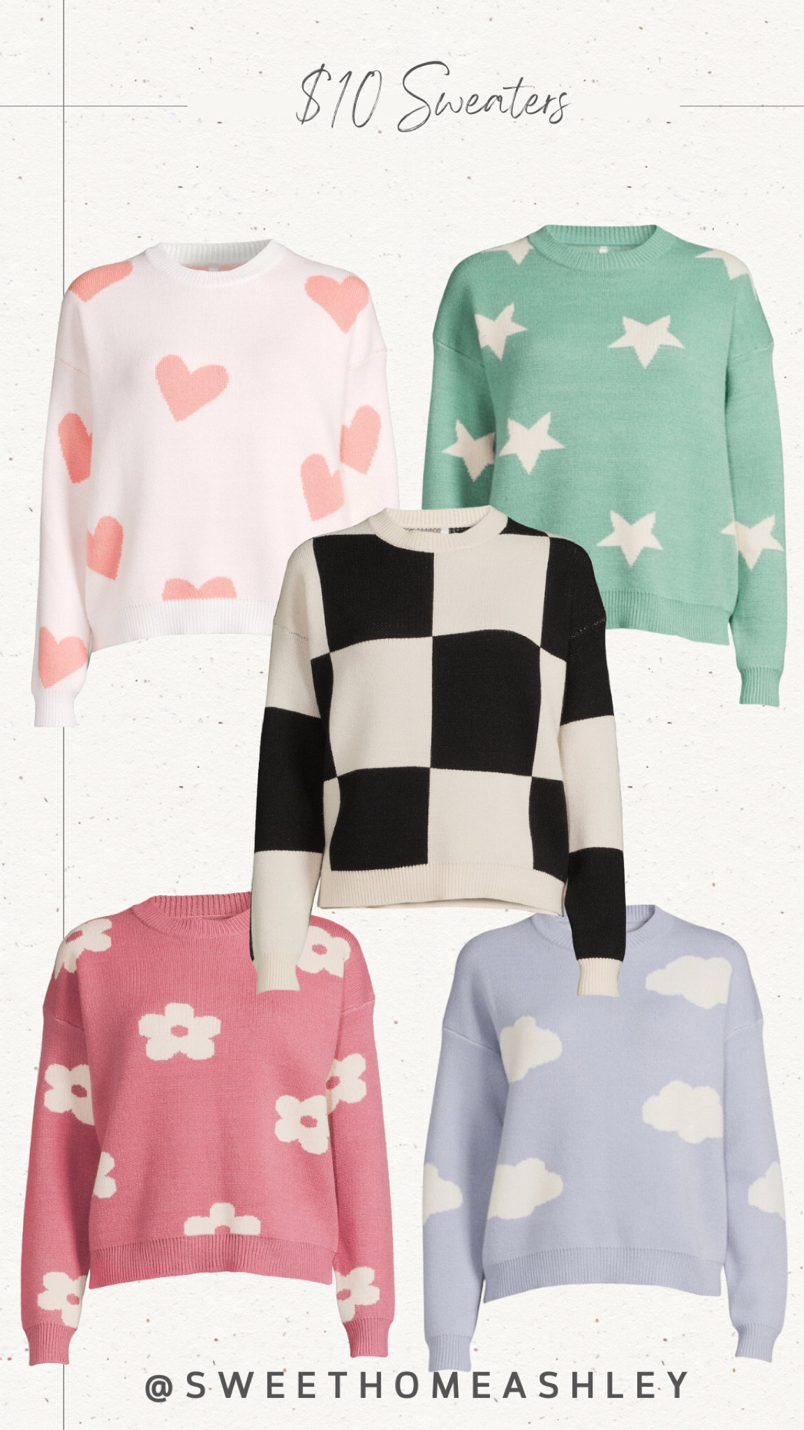 $10 crewneck sweaters, heart print sweater, star print sweater, checkered sweater, cloud print sweater, Walmart find Black Friday sale 

#LTKGiftGuide #LTKsalealert #LTKSeasonal