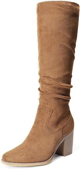 DREAM PAIRS Women's Knee-High Boots, Comfortable Chunky Block Heel Pointed Toe Pull On Side Zippe... | Amazon (US)