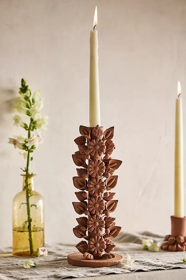 Oaxacan Clay Floral Tall Taper Holder at Terrain | Terrain