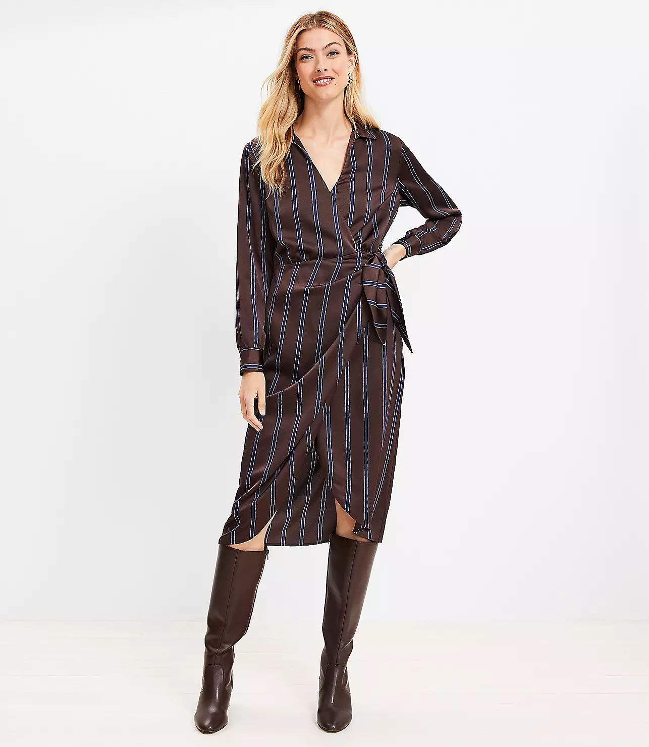 Striped Satin Midi Wrap Dress | LOFT