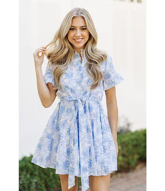 Palmer Floral Print Short Ruffled Sleeve Belted Button Front Dress | Dillard's