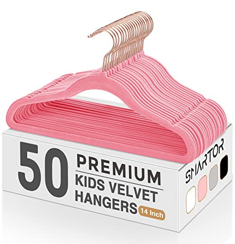 Smartor Kids Velvet Hangers 50 Pack, 14 Inch Premium Non Slip Kids Felt Hangers for Closet, Space Saving Toddler Clothes Hanger for Youth's Childrens' Clothes (Rose Gold Hook)- Pink | Amazon (US)