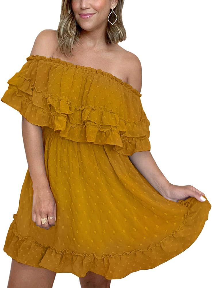 2021 Summer Women’s Off Shoulder Mini Dress Polka Dot High Waist Half Sleeves Swing Ruffle Shor... | Amazon (US)