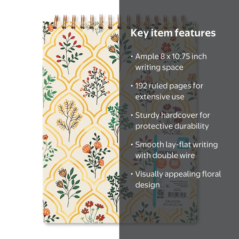 Pen+Gear Hardcover Double Wire Top Spiral Journal, Floral, 192 Ruled Pages, 8" x 10.75" | Walmart (US)