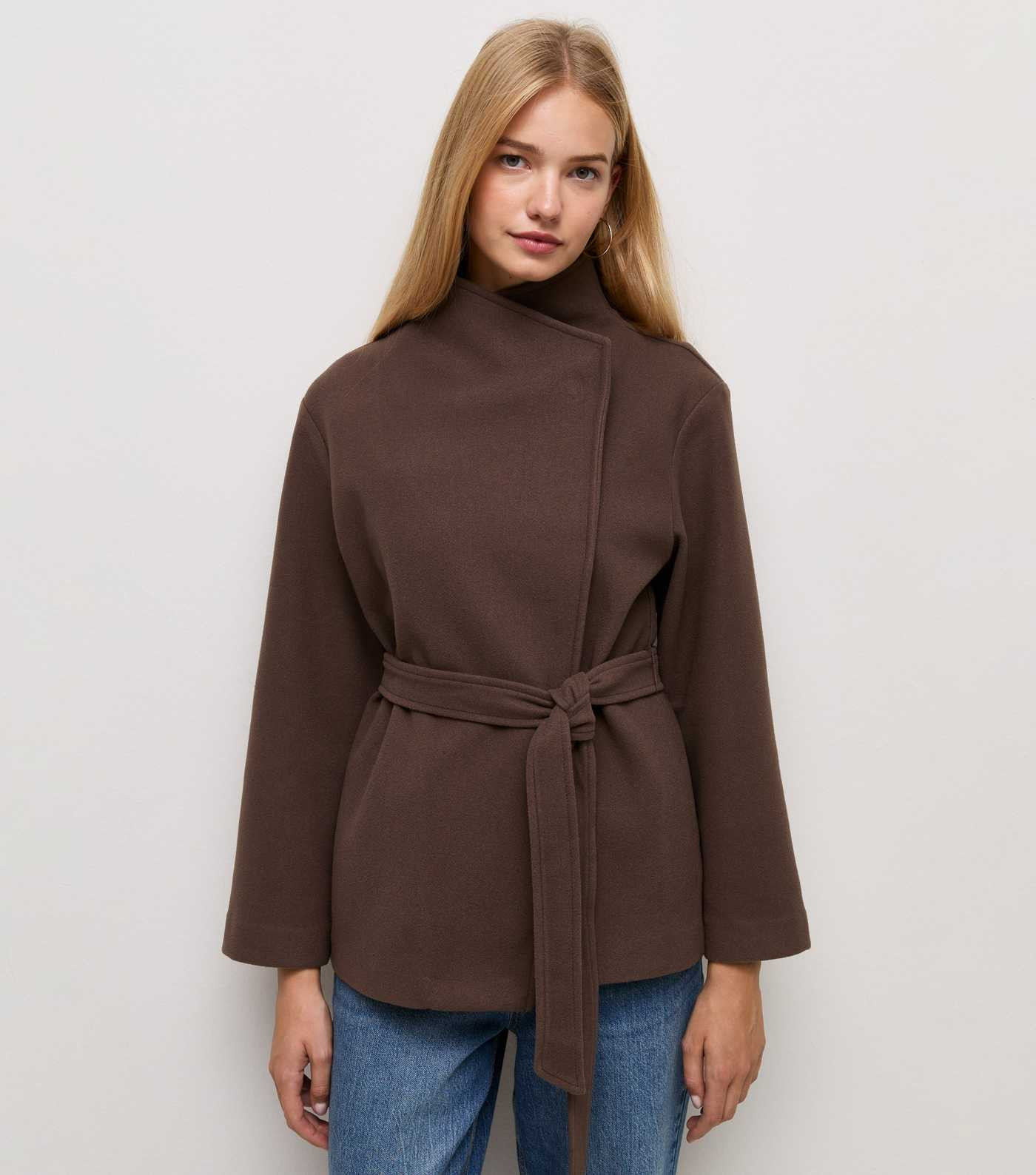 Dark Mink High Neck Belted Jacket | New Look | New Look (UK)
