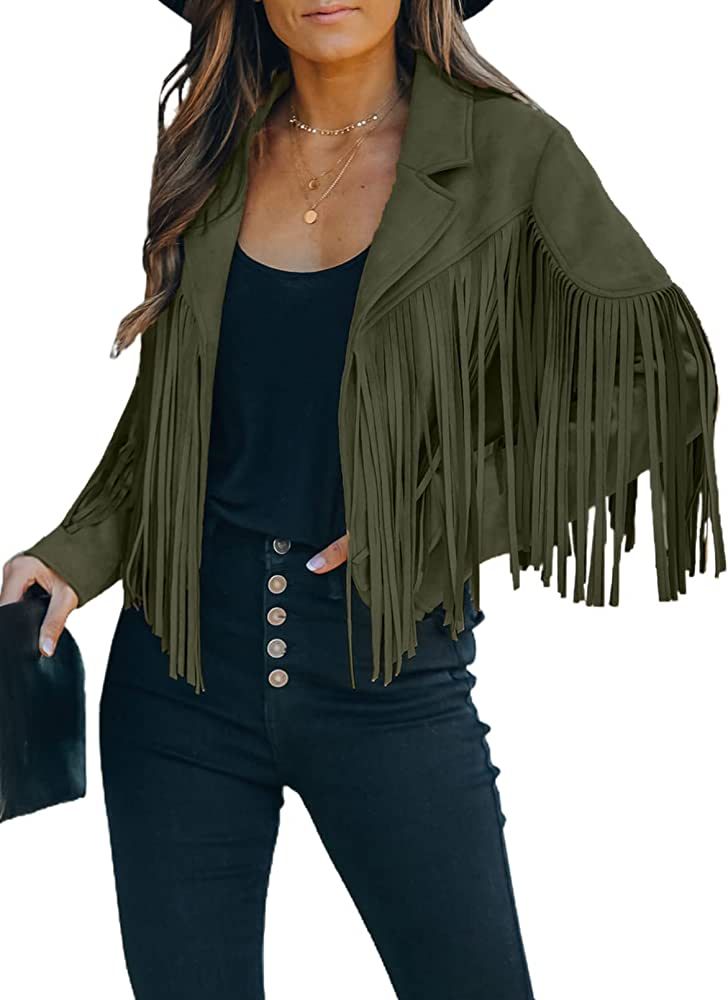 Dokotoo Womens 2022 Fashion Faux Suede Tassel Jackets Lapel Cropped Motorcycle Jacket Outerwear | Amazon (US)