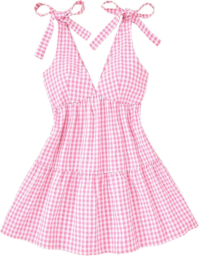 Women's Plaid Tie Shoulder Mini Dress Ruffle Hem Deep V Neck Sleeveless A Line Y2k Dresses | Amazon (US)