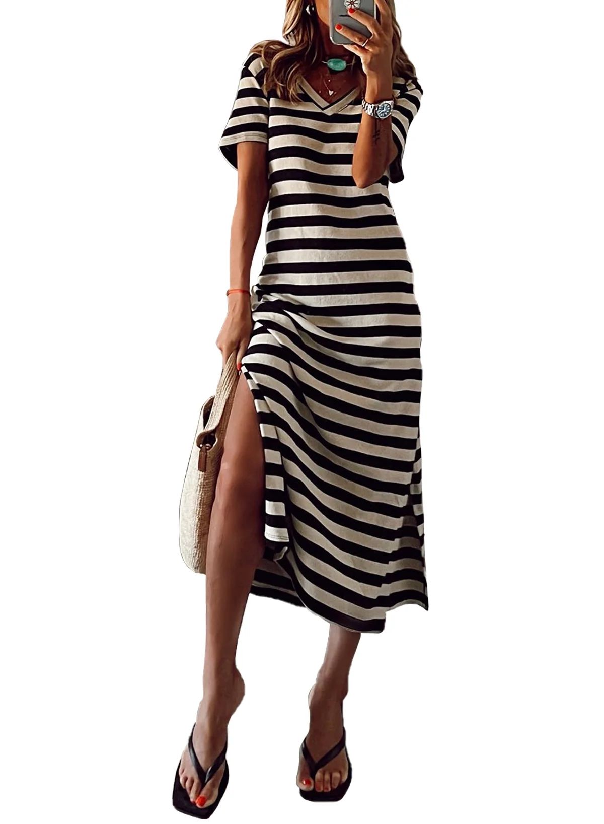 Dokotoo Midi Dresses for Women V Neckline Short Sleeve Striped Midi Dress Trendy Side Slits Hem S... | Walmart (US)