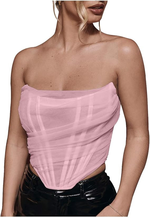 L'VOW Women's Sexy Strapless Mesh Bustier Open Back Boned Corset Crop Top | Amazon (US)