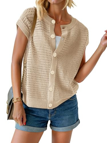 Saodimallsu Womens Short Cap Sleeve Sweater Vest Crochet Button Down Cardigans Crew Neck Summer K... | Amazon (US)