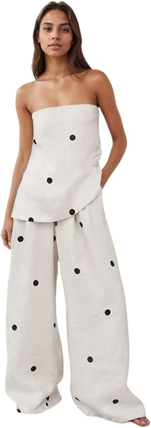 2 Piece Sets for Women Polka Dot Tube Top Strapless High Waist Wide Leg Pants Lounge Women Vacati... | Amazon (US)