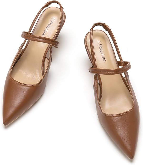 C.Paravano Women's Slingback Flats | Pointed Toe Flats Sandals | Leather Kitten Heels | Closed He... | Amazon (US)