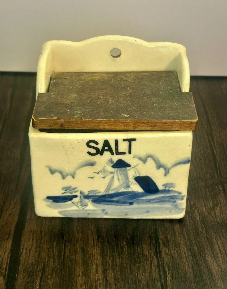Antique, Hanging Salt Box W Wooden Lid, Delft Blue & White - Etsy | Etsy (US)