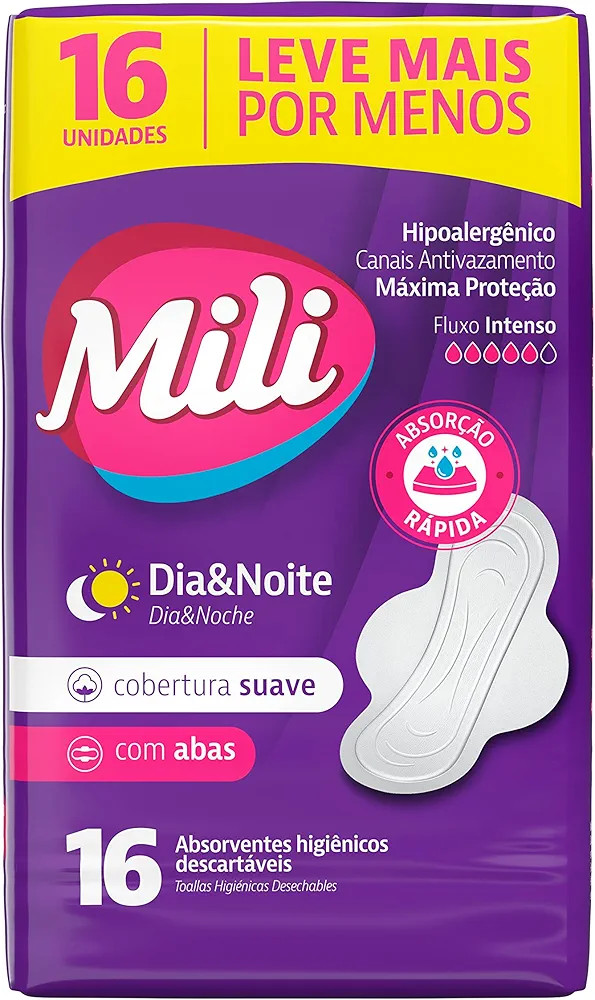 Absorvente Mili Dia e Noite Suave c/abas – 16 unidades | Amazon (BR)