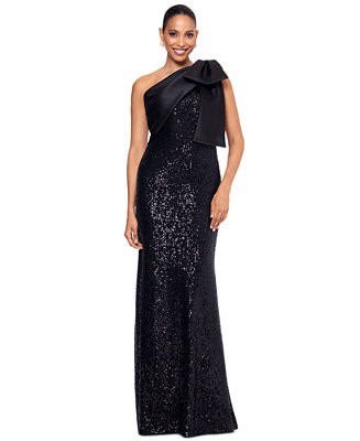 Betsy & Adam Women's Asymmetric Sequin Bow Sleeveless Gown - Macy's | Macy's