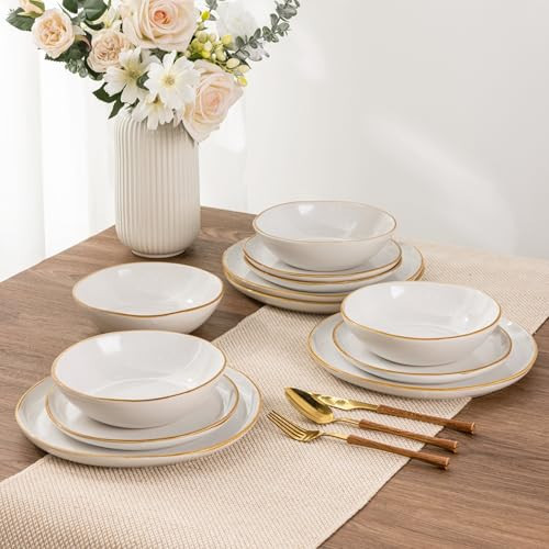 AmorArc Ceramic Dinnerware Sets,Handmade Reactive Glaze Stoneware Plates and Bowls Set,Highly Chip and Crack Resistant Dishware | Dishwasher & Microwave Safe Dishes Set,Service for 4(12Pcs) | Amazon (US)