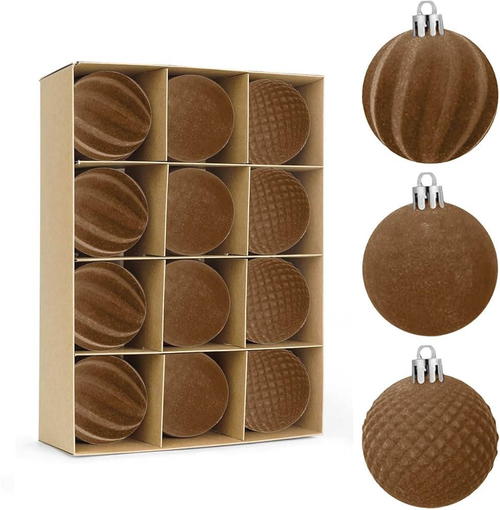 12 Pcs Coffee Velvet Christmas Balls Bulk Flocked Christmas Tree Ball Ornaments Plastic Balls Xma... | Amazon (US)