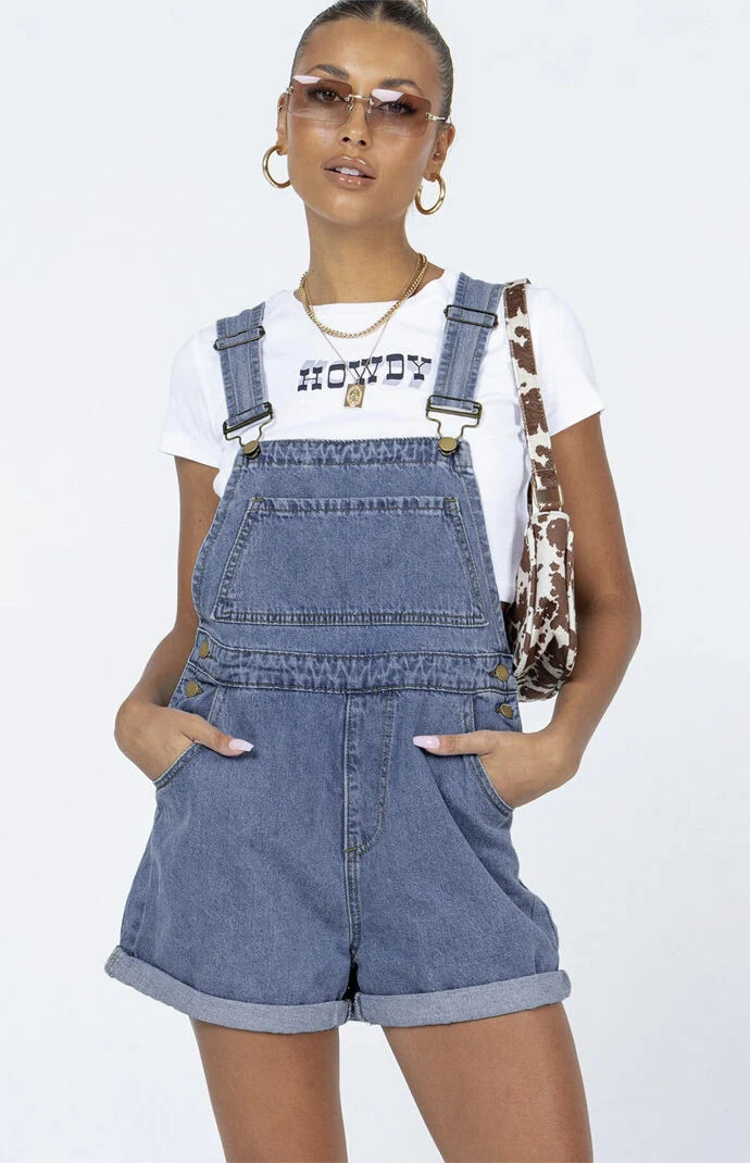 Princess Polly Women's Kacey Denim Short Overalls in Blue - Size 4 | PacSun