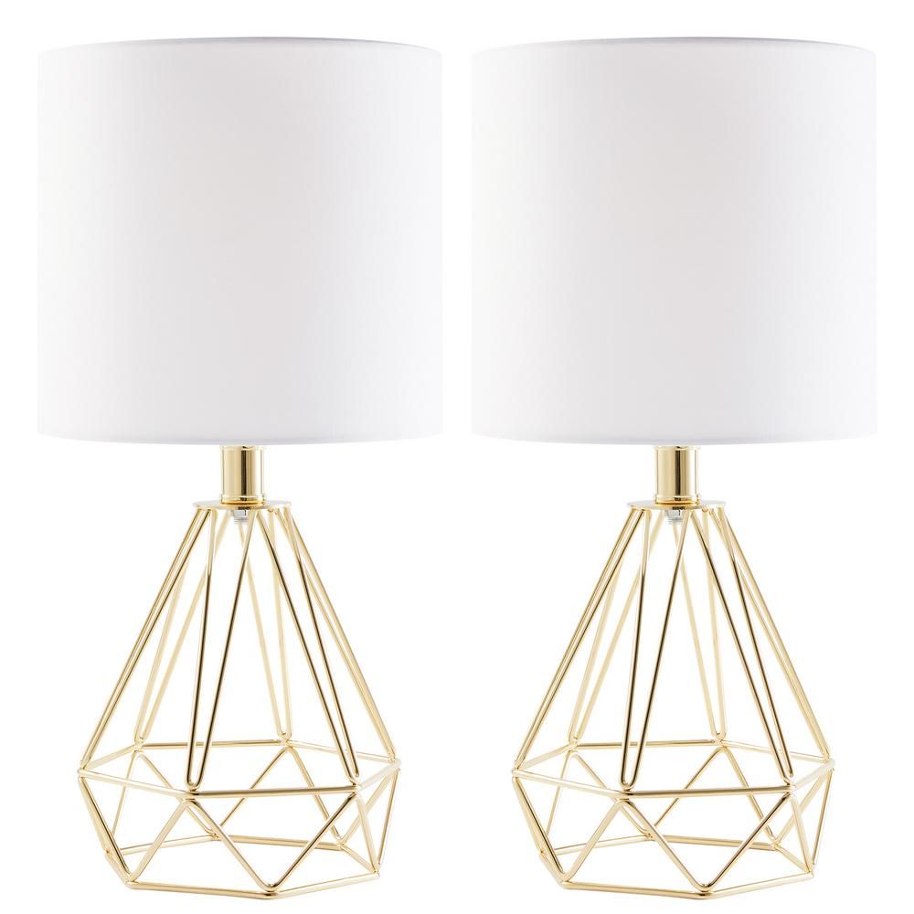 BANYAN IMPORTS 15 in. Gold Table Lamps with Drum Shades and Open Cage Metal Bases (Set of 2) | The Home Depot