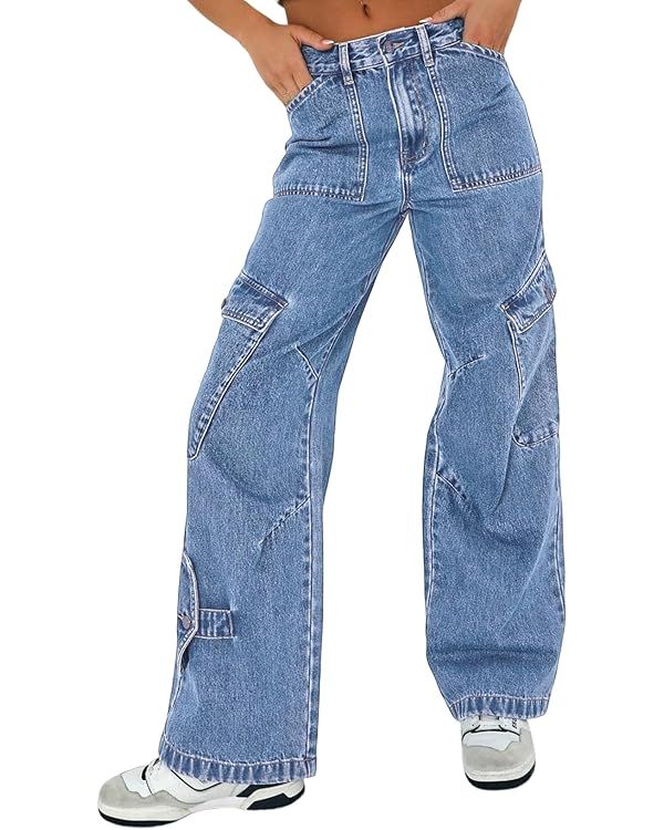 EVALESS Cargo Jeans for Women Trendy High Waistd Wide Leg Denim Pants Casual Baggy Cargo Pants wi... | Amazon (US)