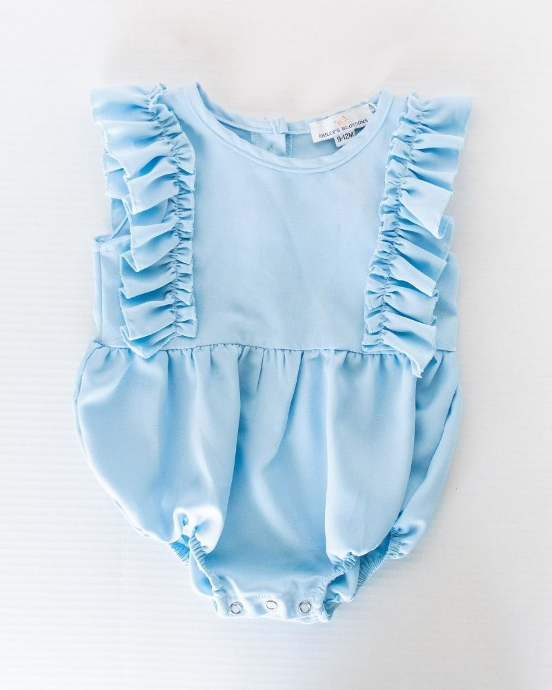 Madeline Ruffle Front Bubble Romper - Cool Blue | Bailey's Blossoms