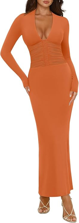 REORIA Women's Sexy Deep V Neck Long Sleeve Dress Mesh Sheer Ruched See Through Bodycon Maxi Long... | Amazon (US)