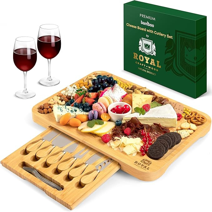 Bamboo Cheese Board and Knife Set - Wooden Charcuterie Platter & Serving Tray with Cutlery (17.5"... | Amazon (US)