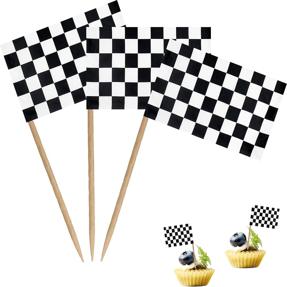 Checkered Black and White Racing Toothpick Flag Race Car Small Mini Cocktail Fruit Cupcakes Toppe... | Amazon (US)