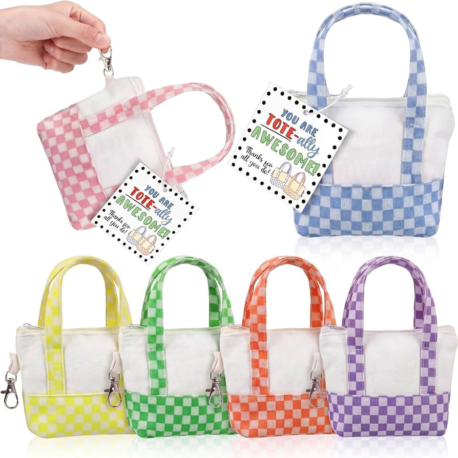 Tallew 6 Sets Mini Tote Bag Keychain for Teacher Appreciation Gifts Mini Checkered Canvas Tote Ba... | Amazon (US)
