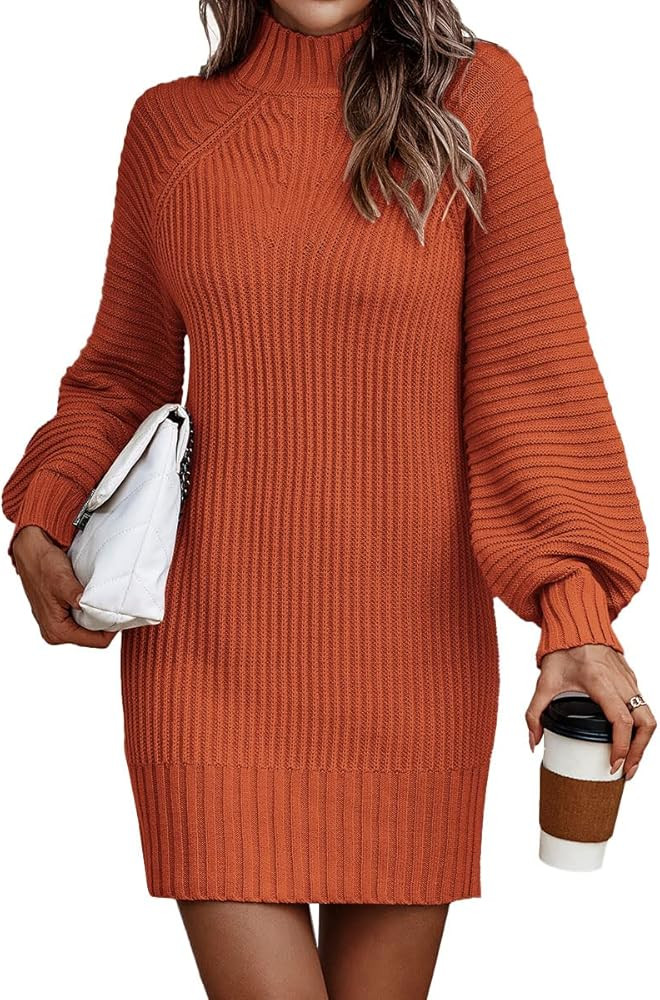 LILLUSORY Womens Turtlenek Mock Neck Long Balloon Sleeve Fall Sweater Dress 2022 Casual Pullover Rib | Amazon (US)