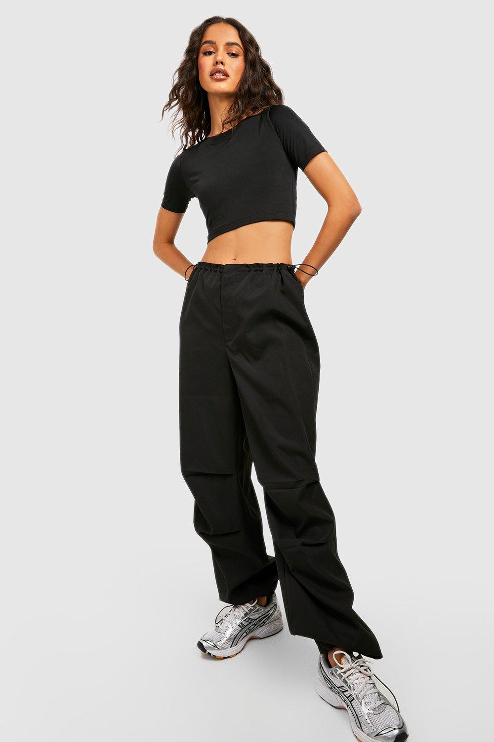 Womens Low Rise Elasticated Waist Parachute Pants - Black - 10 | Boohoo.com (US & CA)