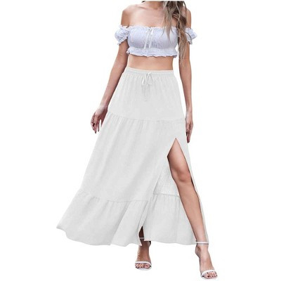Women's Tiered Maxi Skirt Drawstring Waist Split Ruffle Hem Casual Skirt,WHITE,XL | Target