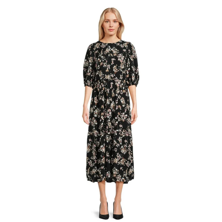 Time and Tru Women's Tie-Back Midi Dress with Elbow Length Sleeves, Sizes XS-XXXL | Walmart (US)