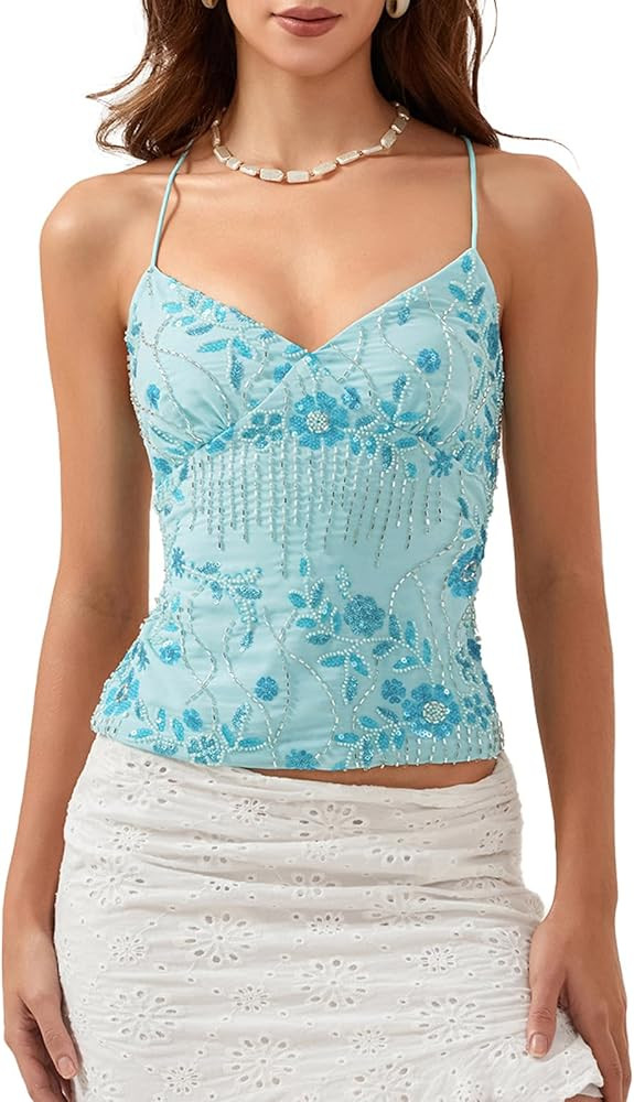 Amiblvowa Women's V Neck Sequin Cami Top | Amazon (US)
