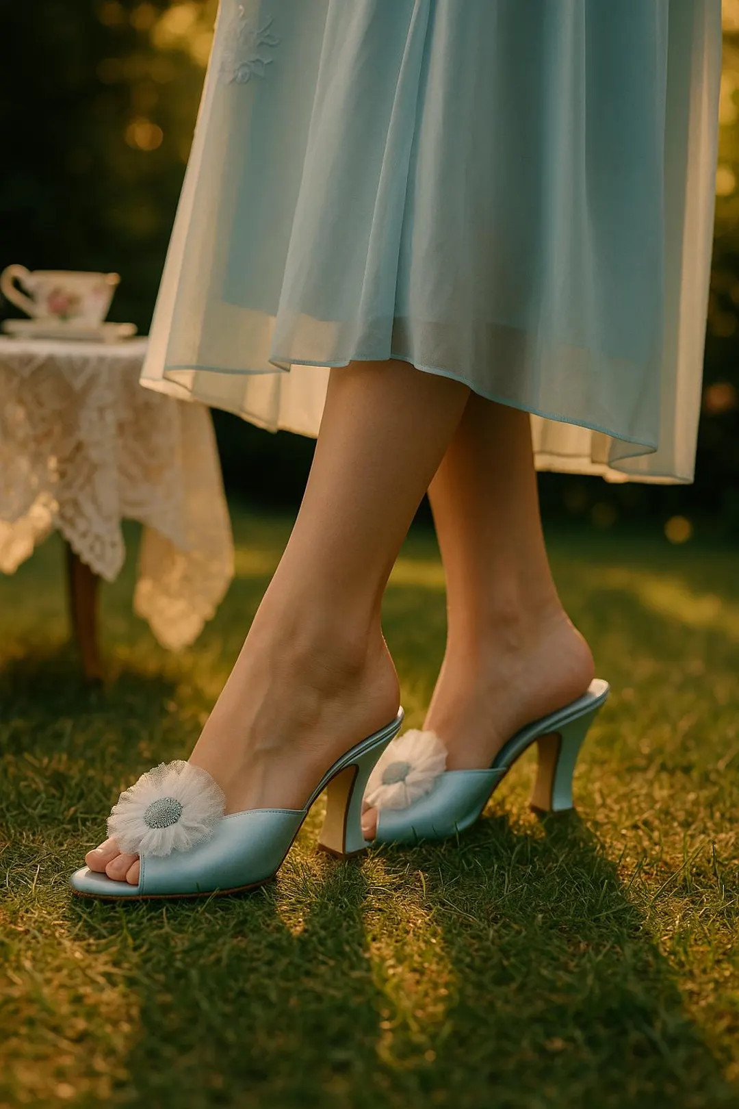 1940s–50s Daniel Green powder-blue satin boudoir mules w/ tulle rosettes | peep-toe spool heels... | Etsy (US)