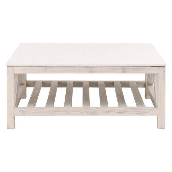 Square Coffee Table with Solid Quartz Top and 1 Slatted Shelf, Washed White - Overstock - 3531693... | Bed Bath & Beyond