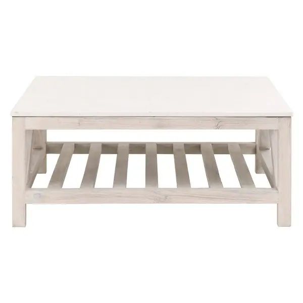 Square Coffee Table with Solid Quartz Top and 1 Slatted Shelf, Washed White - Overstock - 3531693... | Bed Bath & Beyond
