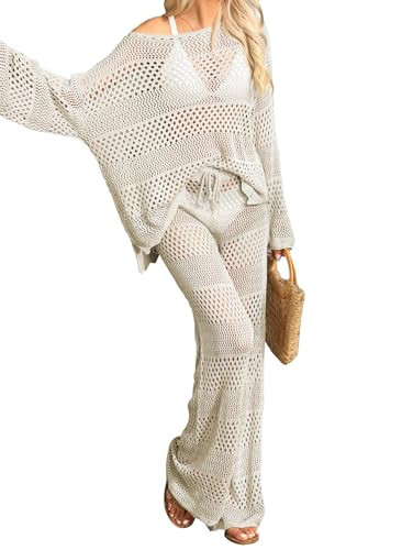 Famulily Womens Crochet Long Sleeve Knitted Swim Beach Cover Ups 2 Piece Outfits for Women Crochet Pants and Crochet Tops Beige XL | Amazon (US)