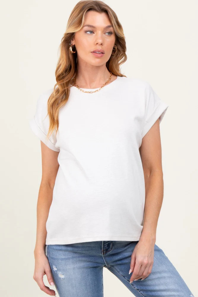 Cream Rolled Short Sleeve Maternity Tee | PinkBlush Maternity