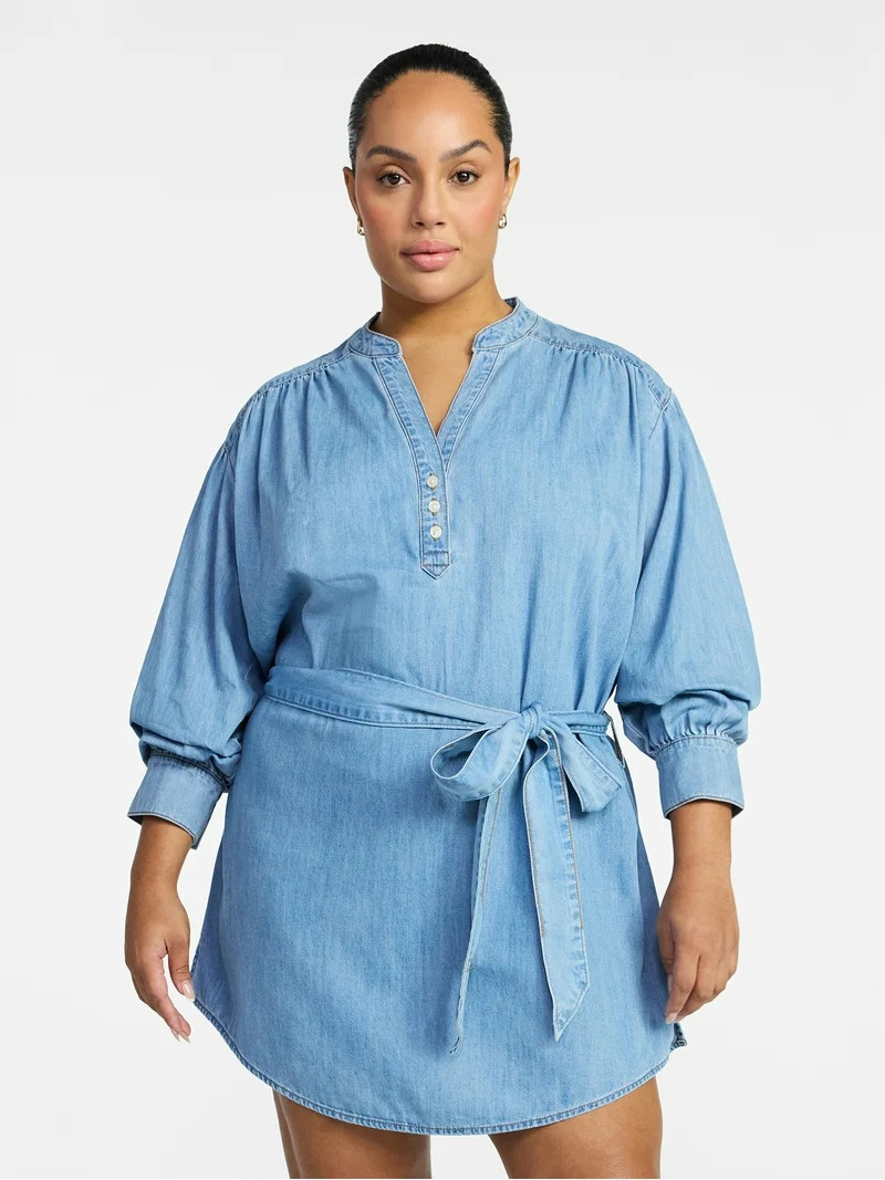 Time and Tru Women's Belted Denim Mini Shirtdress with Long Sleeves, Sizes XS-XXXL | Walmart (US)